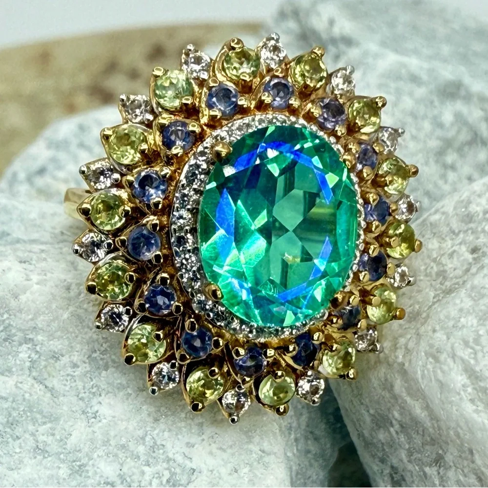 NWT Peacock Quartz Multi-Gem Dahlia Floral Ring Vermeil Gold over 925 4.15ctw
